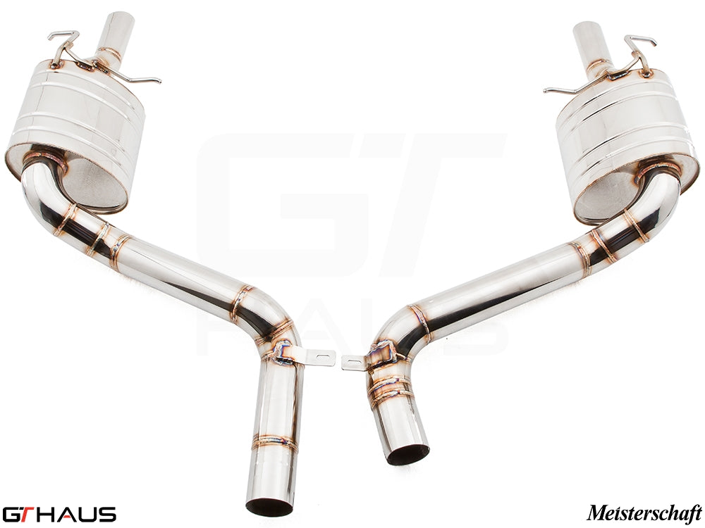 Premium Meisterschaft exhaust system for 2014+ Mercedes-Benz W212 E-Class E63 AMG V8, featuring polished stainless steel construction.