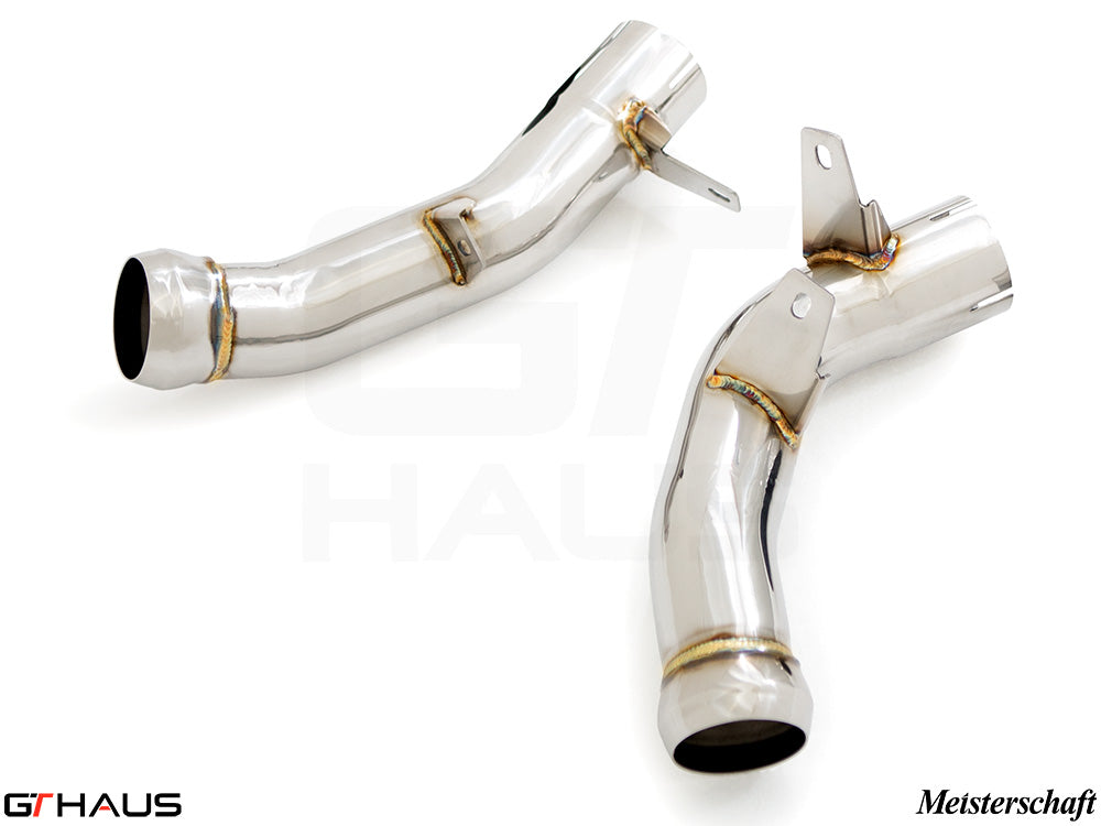 Mercedes-Benz W213 E-Class 2018+ downpipe with secondary cat-delete, featuring polished stainless steel construction.