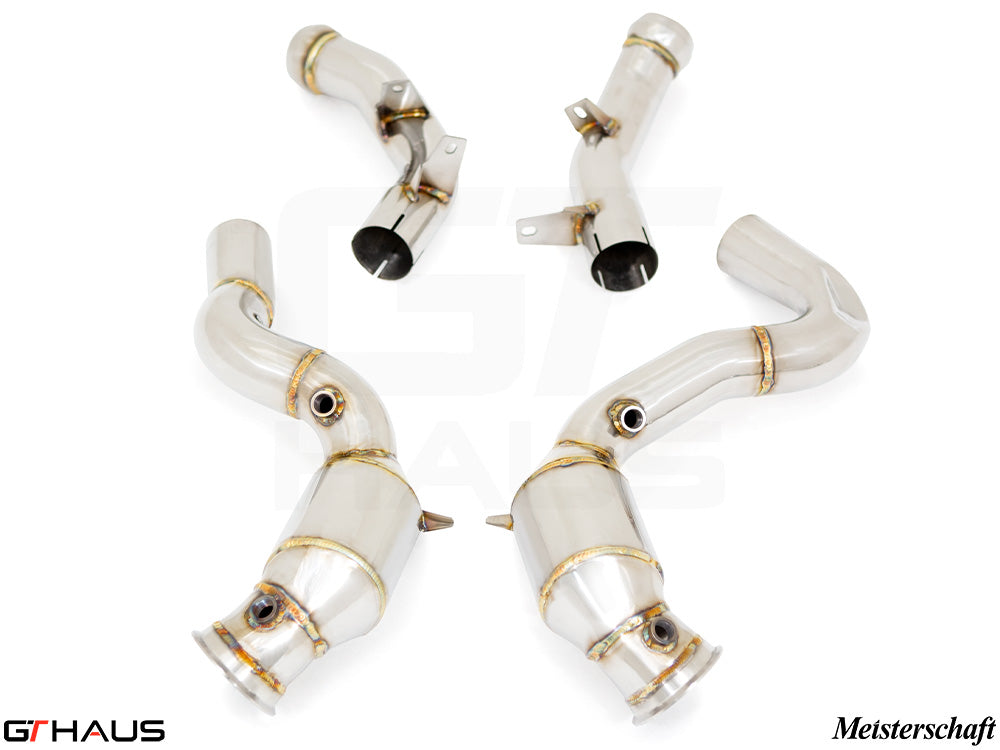 Premium down pipes for Mercedes-Benz W213 E-Class 2018+, featuring OBD2 compatibility and 400 CEL sport cats.