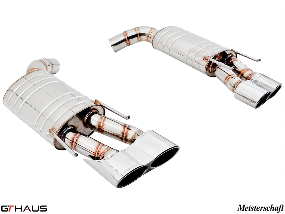 Premium Meisterschaft exhaust system for Mercedes-Benz W216 CL-Class Coupe CL63 AMG, featuring polished stainless steel construction.