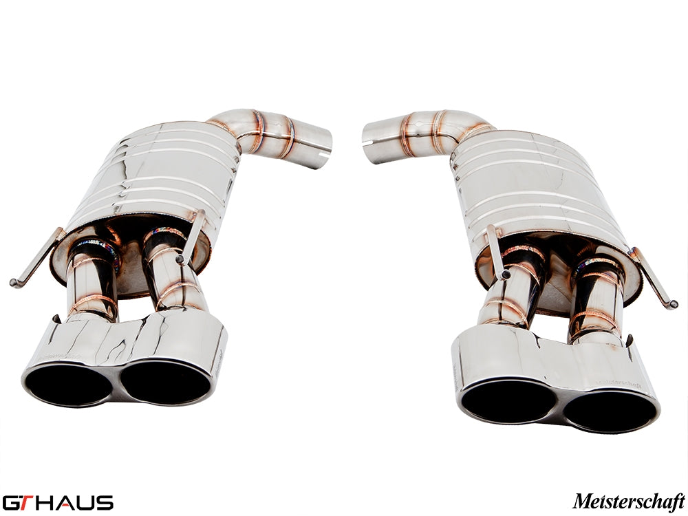 Premium exhaust system for Mercedes-Benz W216 CL-Class Coupe CL65 AMG, featuring dual polished tips and stainless steel construction.