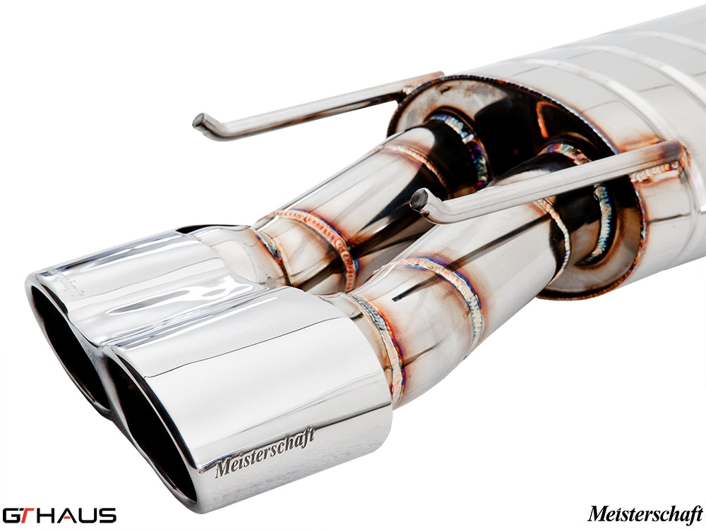 Premium Meisterschaft exhaust system for Mercedes-Benz W216 CL-Class Coupe CL65 AMG, featuring dual polished tips.