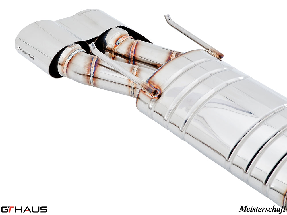 Meisterschaft stainless steel exhaust system for Mercedes-Benz W216 CL-Class Coupe CL65 AMG, showcasing dual tips and craftsmanship.