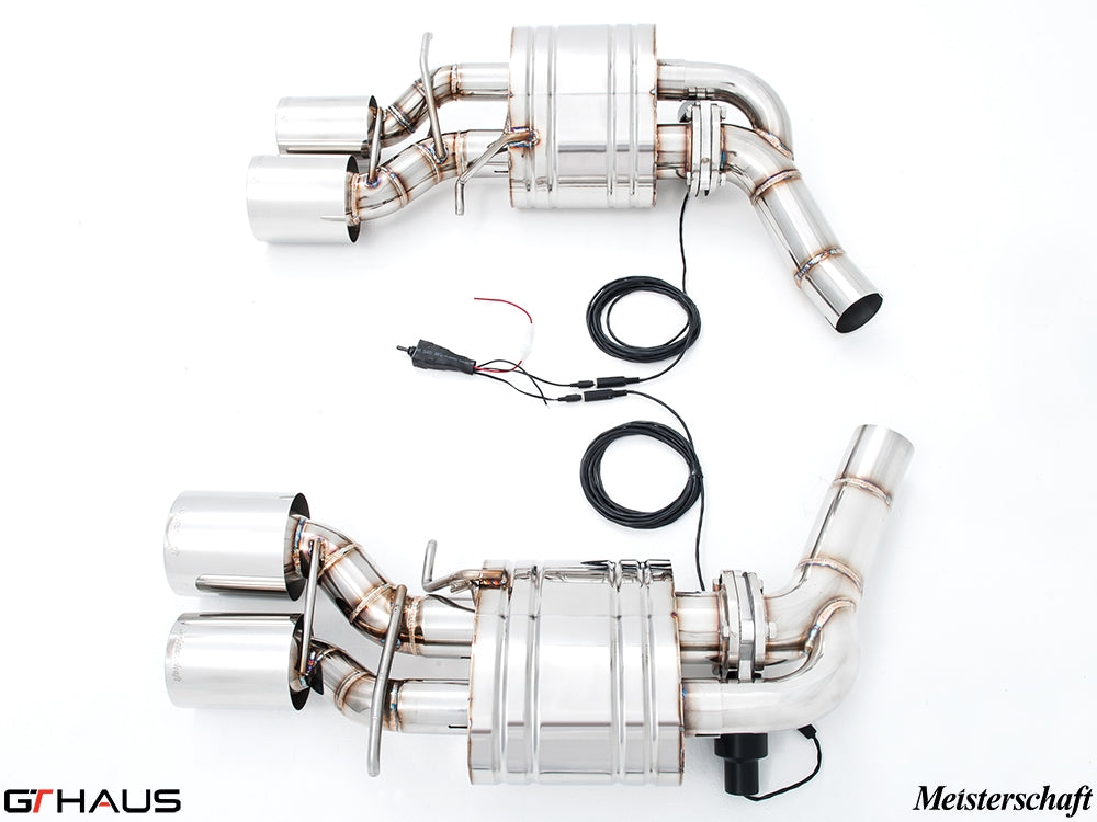 Premium exhaust system for Mercedes-Benz W218 CLS-Class Sedan CLS500/550 featuring dual tips and electronic valve control.
