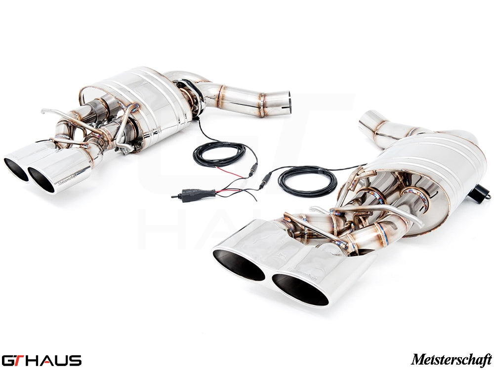 Premium Meisterschaft exhaust system for Mercedes-Benz W218 CLS-Class CLS500/550, featuring dual tips and electronic valve control.