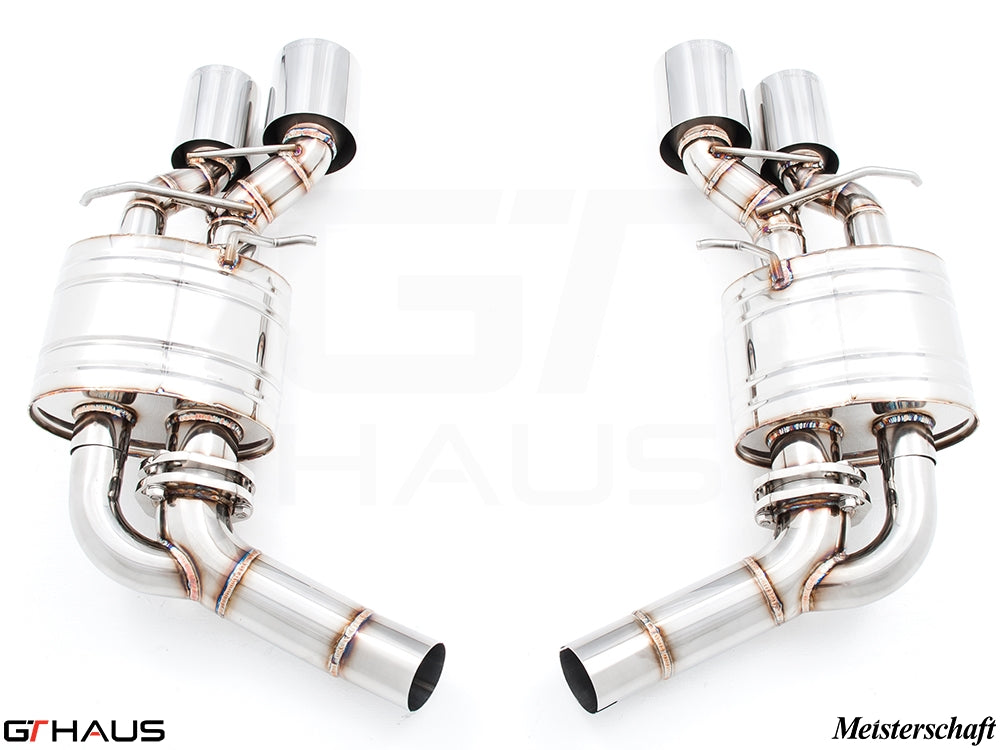Premium exhaust system for Mercedes-Benz W218 CLS-Class Sedan CLS500/550, featuring stainless steel construction and dual tips.
