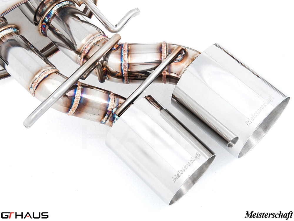 Premium Meisterschaft exhaust system for Mercedes-Benz W218 CLS-Class CLS500/550, featuring polished stainless steel tips.