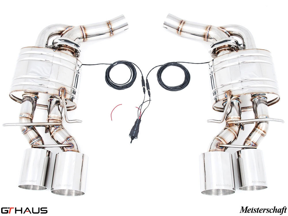 Premium performance exhaust system for Mercedes-Benz W218 CLS63/63s AMG, featuring dual tips and electronic valve control.