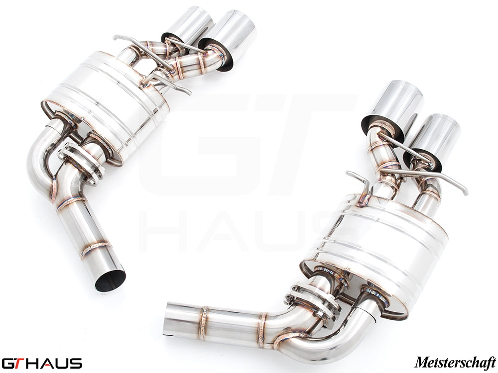 Premium exhaust system for Mercedes-Benz W218 CLS-Class CLS63/63s AMG, featuring stainless steel construction and dual tips.