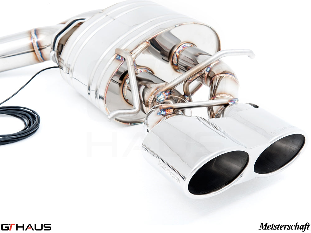 Premium stainless steel exhaust system for Mercedes-Benz W218 CLS63 AMG, featuring dual tips and electronic valve control.