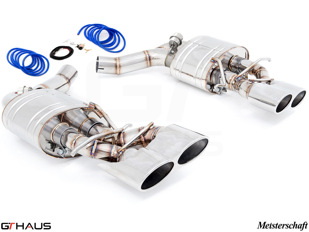 Premium performance exhaust system for Mercedes-Benz W218 CLS-Class CLS63 AMG, featuring dual tips and stainless steel construction.