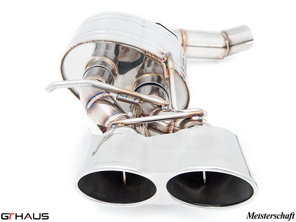 Premium exhaust system for Mercedes-Benz W218 CLS63 AMG, featuring polished stainless steel and dual tips.