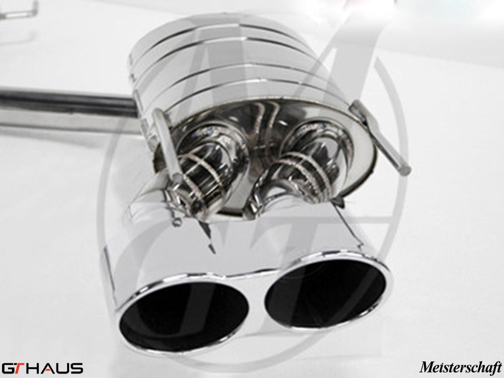 Premium exhaust system for Mercedes-Benz W221 S-Class S550 V8, featuring polished dual tips and electronic valve control.