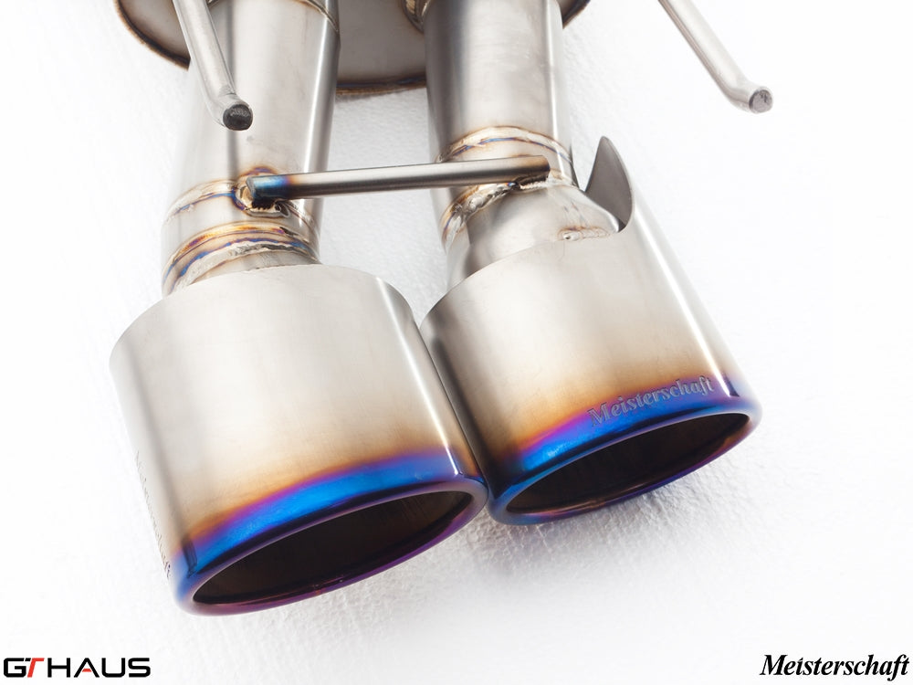 Premium exhaust tips for Mercedes-Benz W221 S-Class S600 V12, showcasing Meisterschaft branding and a polished finish.