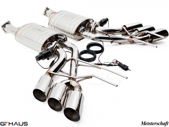 Premium performance exhaust system for Mercedes-Benz W463 G-Class G500/550, featuring polished stainless steel and electronic valve control.