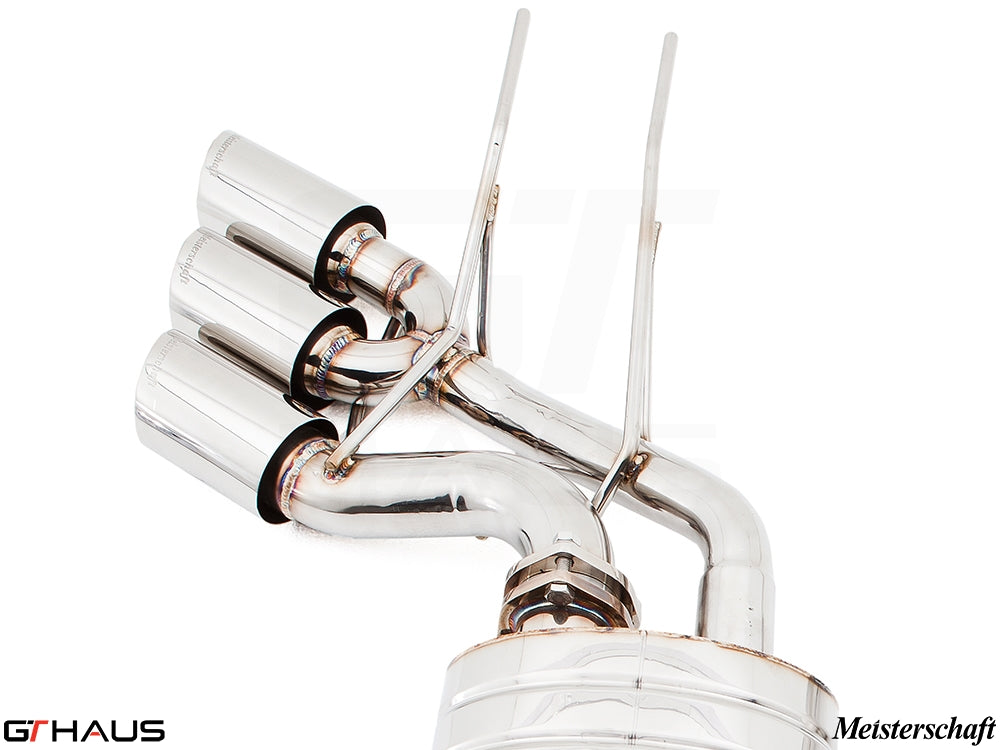 Premium exhaust system for Mercedes-Benz W463 G-Class G55 AMG, featuring polished stainless steel and triple outlet design.