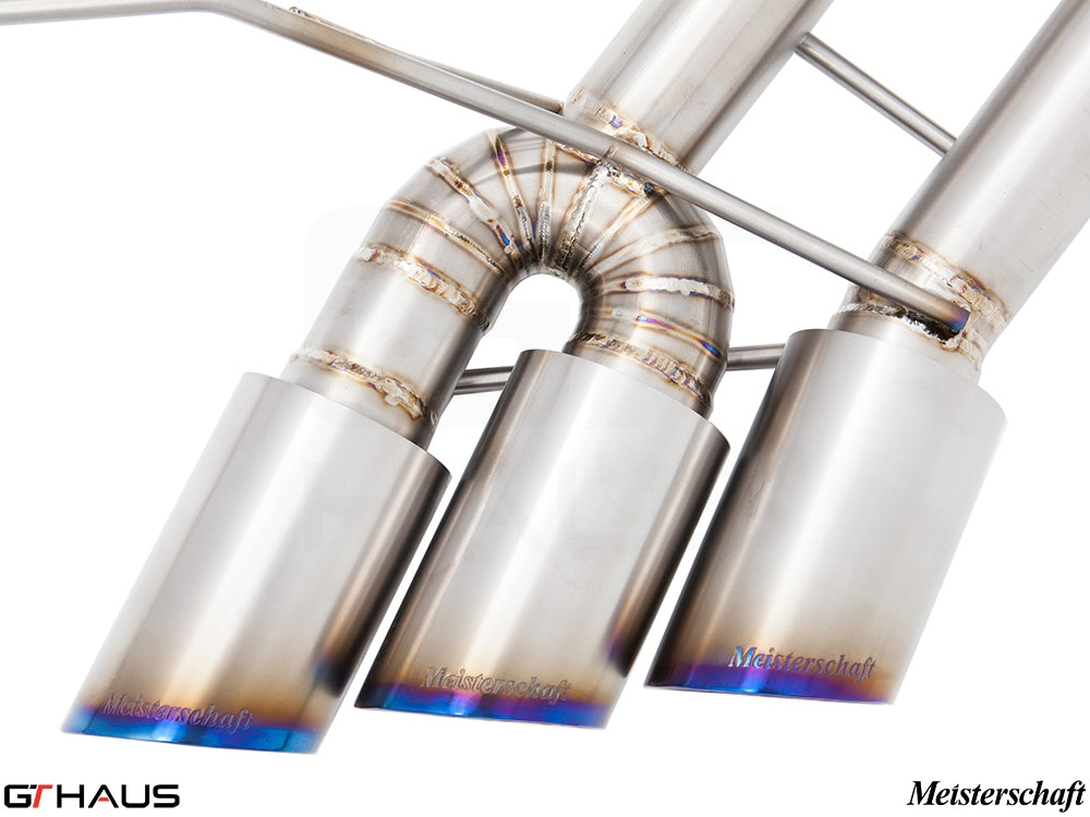 Premium stainless steel exhaust system for Mercedes-Benz W463 G-Class G55 AMG, featuring Meisterschaft branding and precision craftsmanship.