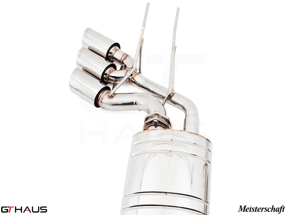 Premium exhaust system for Mercedes-Benz W463 G-Class G63 AMG featuring polished stainless steel and quad tips.