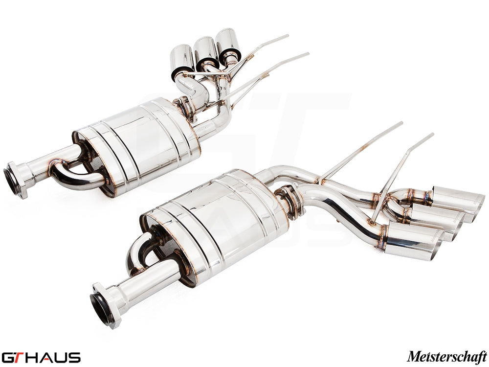 Premium exhaust system for Mercedes-Benz W463 G-Class G65 AMG featuring polished stainless steel construction and dual tips.