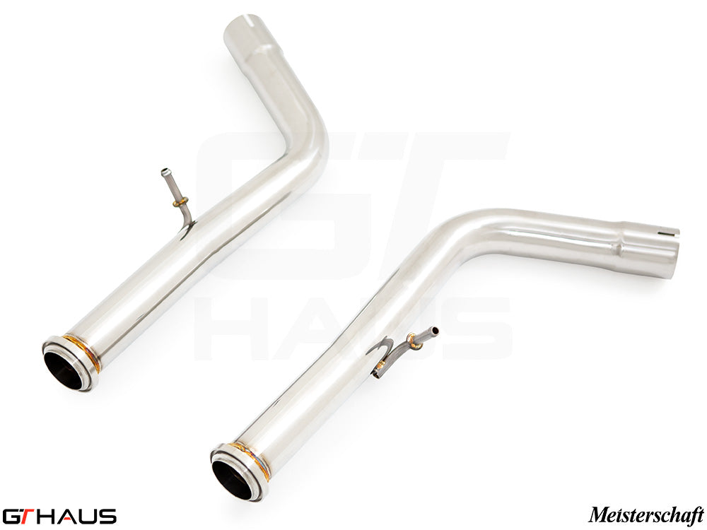 Stainless steel down pipes for 2019+ Mercedes-Benz G-Class G500/550, designed for secondary cat-delete performance upgrade.