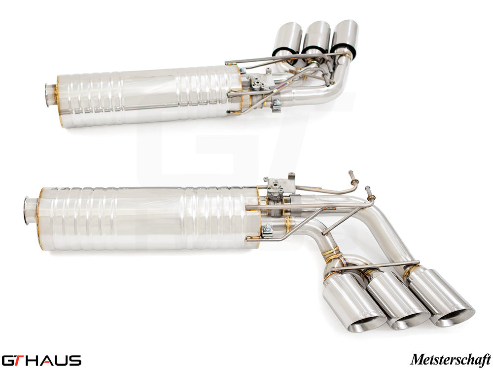 Premium exhaust system for 2019+ Mercedes-Benz G-Class G63 AMG, featuring stainless steel construction and quad tips.