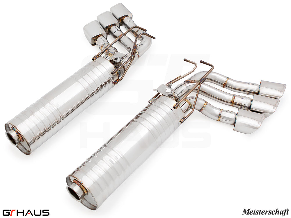 Premium exhaust system for Mercedes-Benz W463 G-Class G63 AMG featuring stainless steel construction and quad tips.
