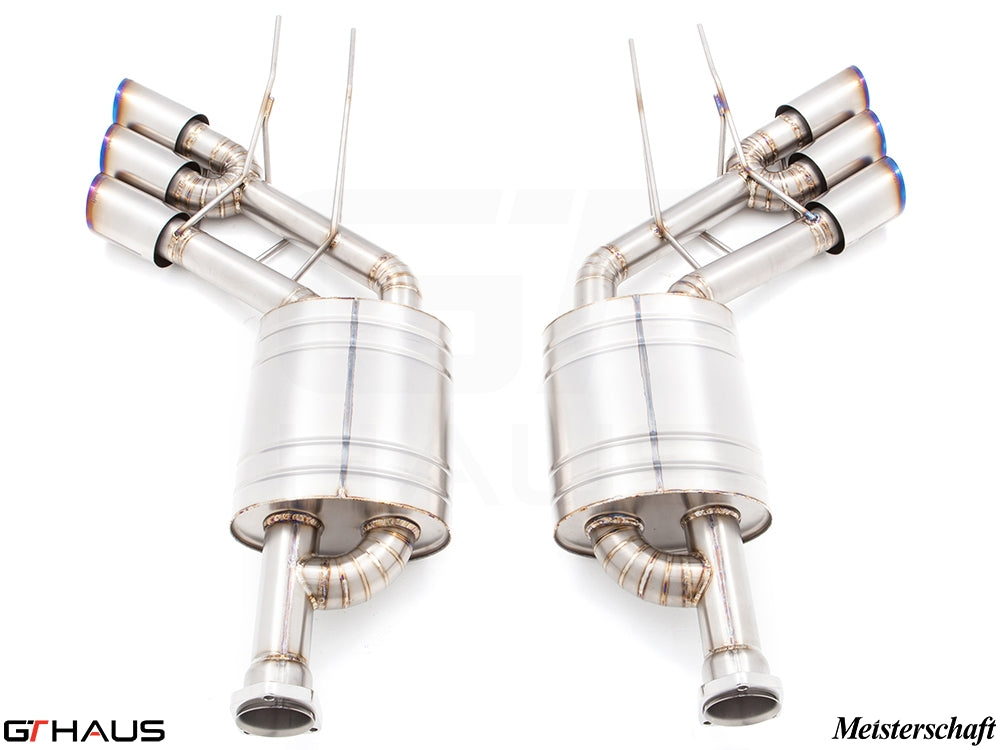 Premium exhaust system for Mercedes-Benz W463 G-Class G63 AMG featuring dual V8 Bi-turbo design and polished stainless steel finish.