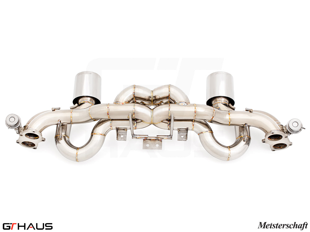 Premium exhaust system for Porsche 718 Boxster GTS/Spyder 2021+, featuring stainless steel construction and dual tips.
