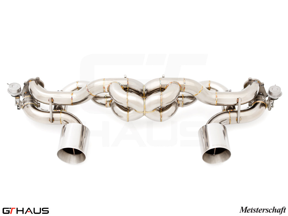 Premium performance exhaust system for Porsche 718 Boxster GTS/Spyder, featuring stainless steel construction and dual tips.