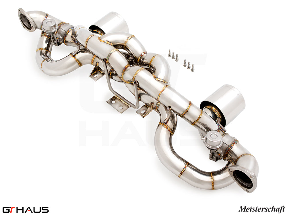 Premium performance exhaust system for Porsche 718 Cayman GT4RS, featuring stainless steel construction and advanced design.