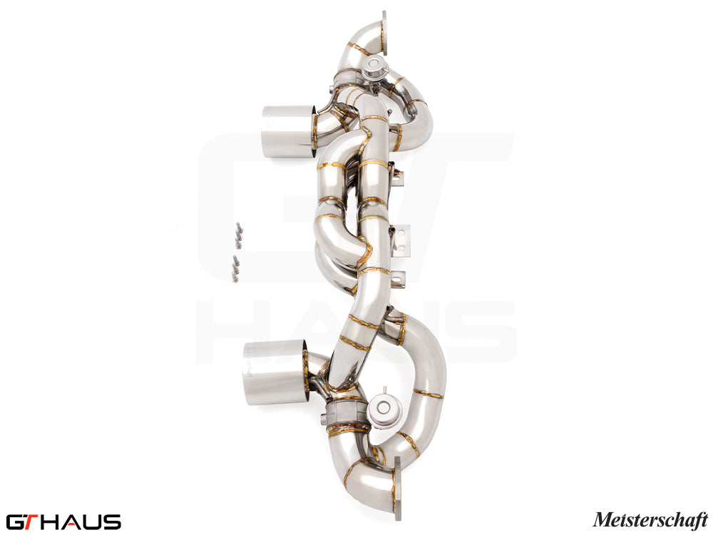 Premium exhaust system for Porsche 718 Cayman GT4RS, featuring T304 stainless steel and precision craftsmanship.