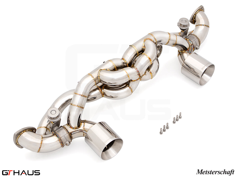 Premium performance exhaust system for Porsche 718 Cayman GT4RS, featuring stainless steel construction and electronic valve control.