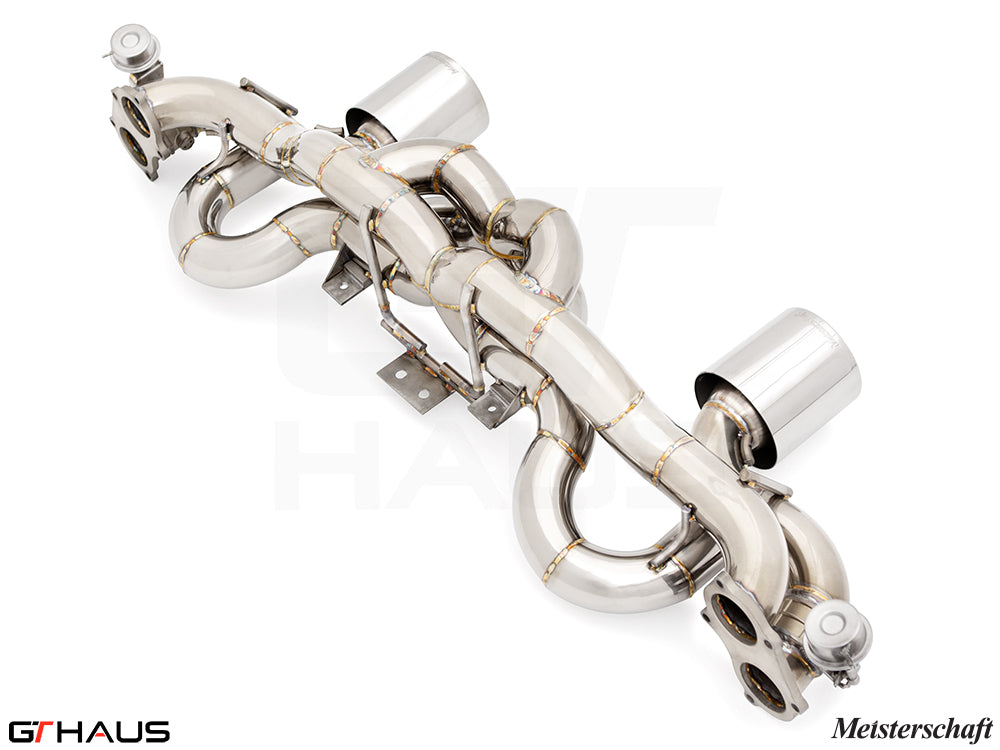 Premium Meisterschaft exhaust system for Porsche 718 Cayman GTS/GT4, featuring stainless steel construction and enhanced performance.