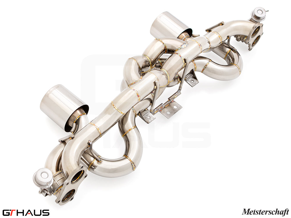Premium Meisterschaft exhaust system for Porsche 718 Cayman GTS/GT4, featuring high-quality stainless steel construction.