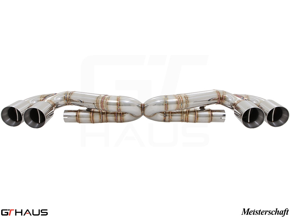 Premium exhaust system for Porsche 911 Turbo/Turbo S (991 Chassis) featuring stainless steel construction and dual tips.