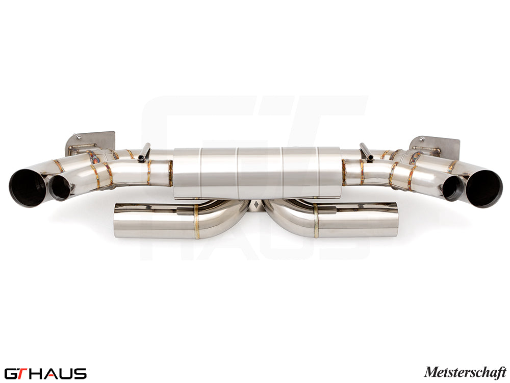 Premium Meisterschaft exhaust system for Porsche 911 (992 Chassis) Dakar, featuring polished stainless steel and dual tips.