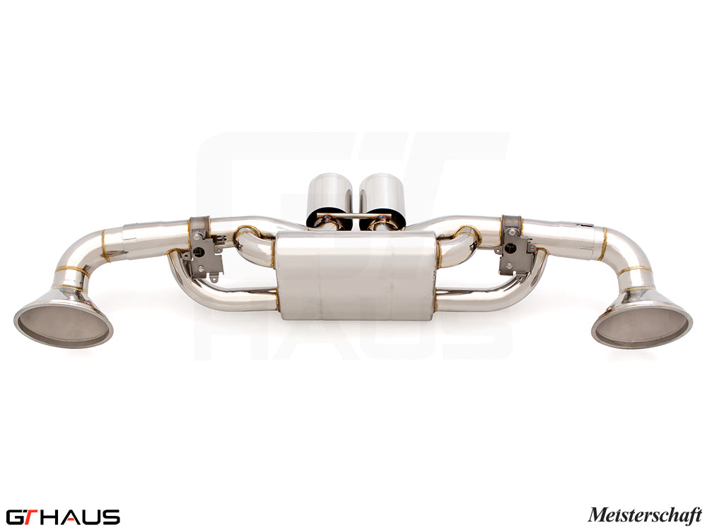 Premium exhaust system for Porsche 911 GT3RS/ST (992 Chassis) featuring stainless steel construction and dual tips.