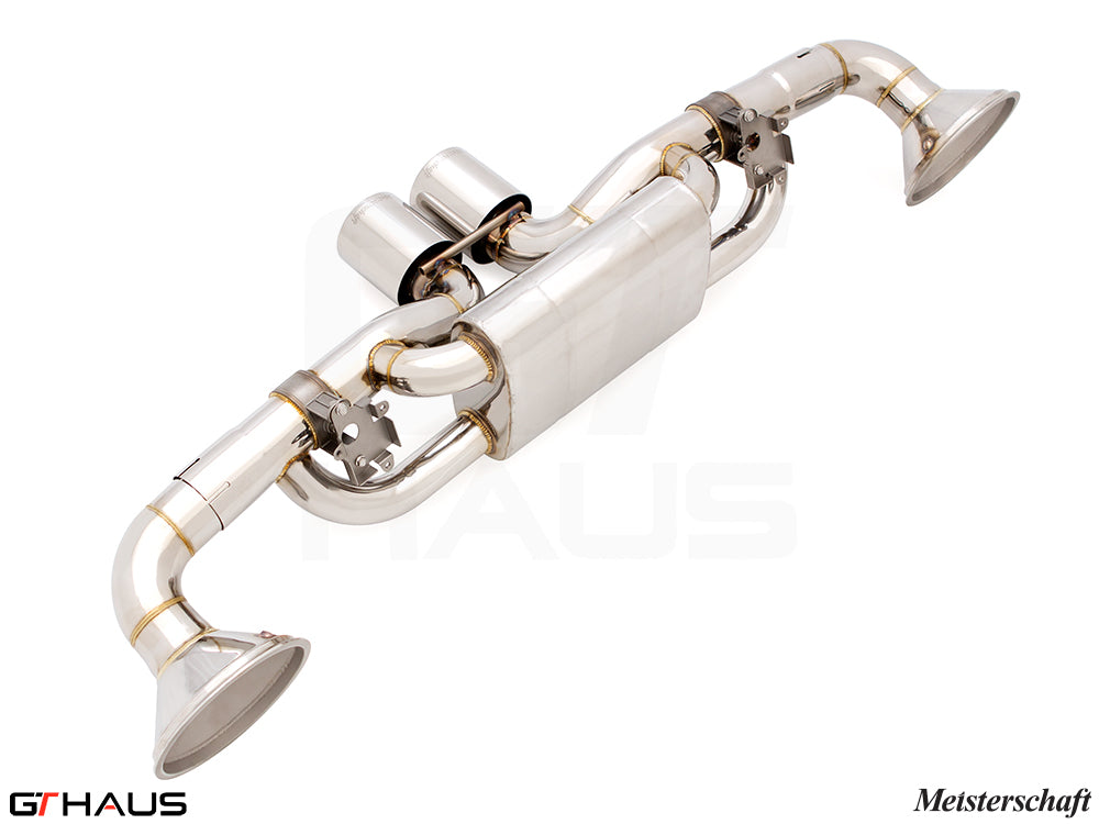 Premium exhaust system for Porsche 911 GT3RS/ST (992 Chassis) featuring polished stainless steel construction and dual tips.