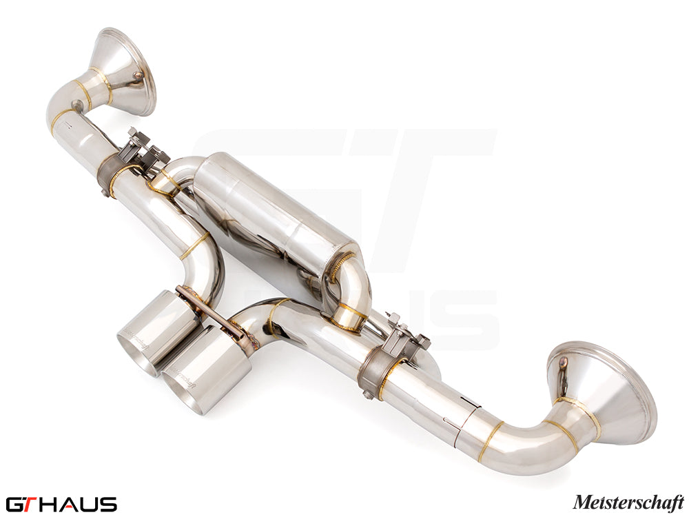 Premium exhaust system for Porsche 911 GT3RS/ST (992 Chassis) featuring stainless steel construction and dual tips.