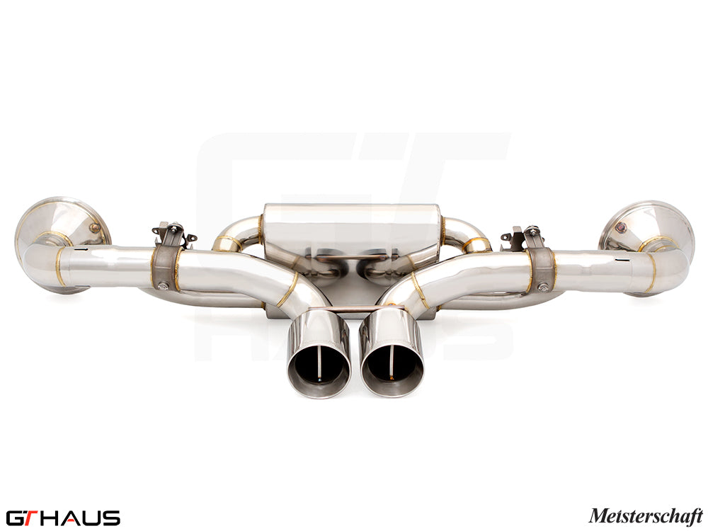 Premium exhaust system for Porsche 911 GT3RS/ST (992 Chassis) featuring stainless steel construction and dual tips.