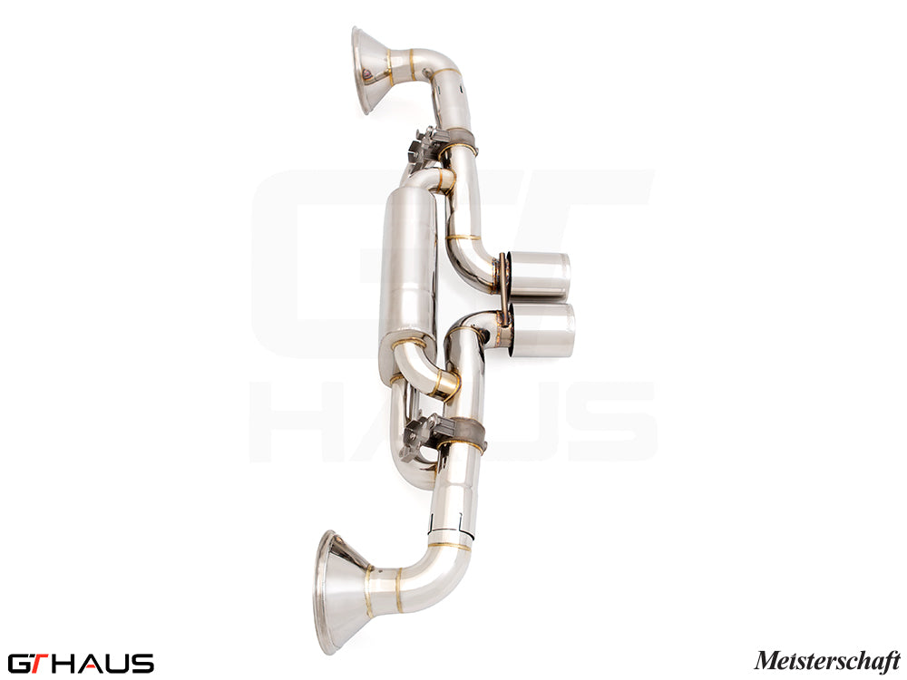 Premium performance exhaust system for Porsche 911 GT3RS/ST (992 Chassis) featuring stainless steel construction and electronic valve control.