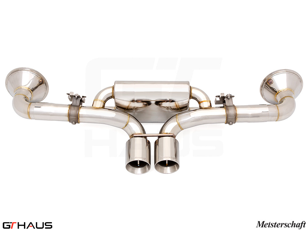 Premium Meisterschaft exhaust system for Porsche 911 GT3RS/ST (992 Chassis) featuring stainless steel construction and dual tips.