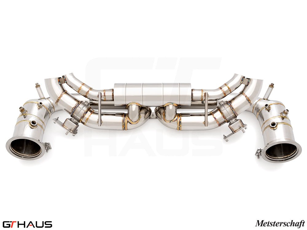 Premium exhaust system for Porsche 911 GTS (992 Chassis) featuring stainless steel construction and electronic valve control.