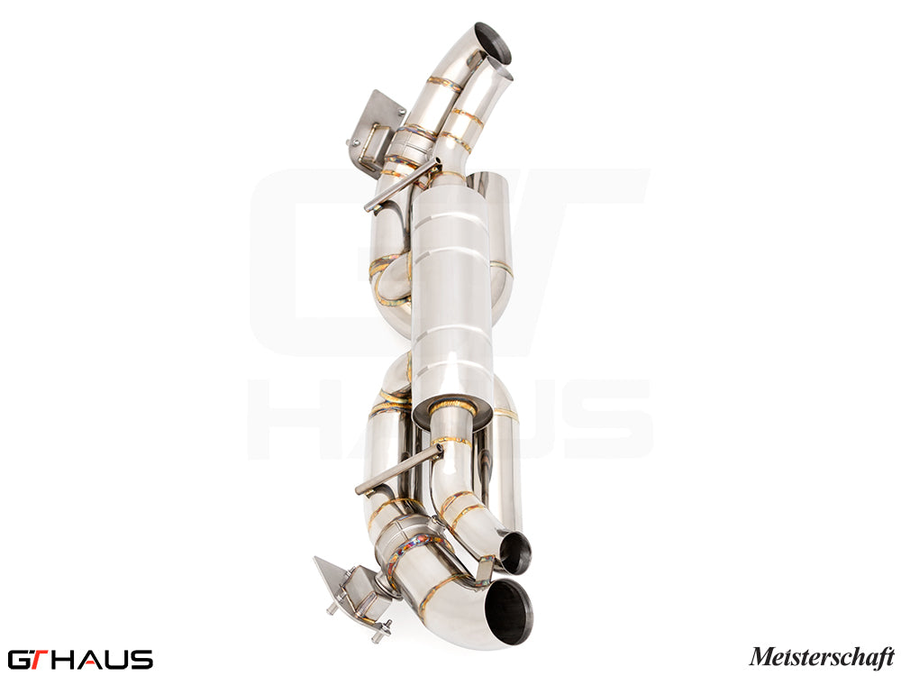 Premium performance exhaust system for Porsche 911 (992 Chassis) GTS, featuring stainless steel construction and electronic valve control.