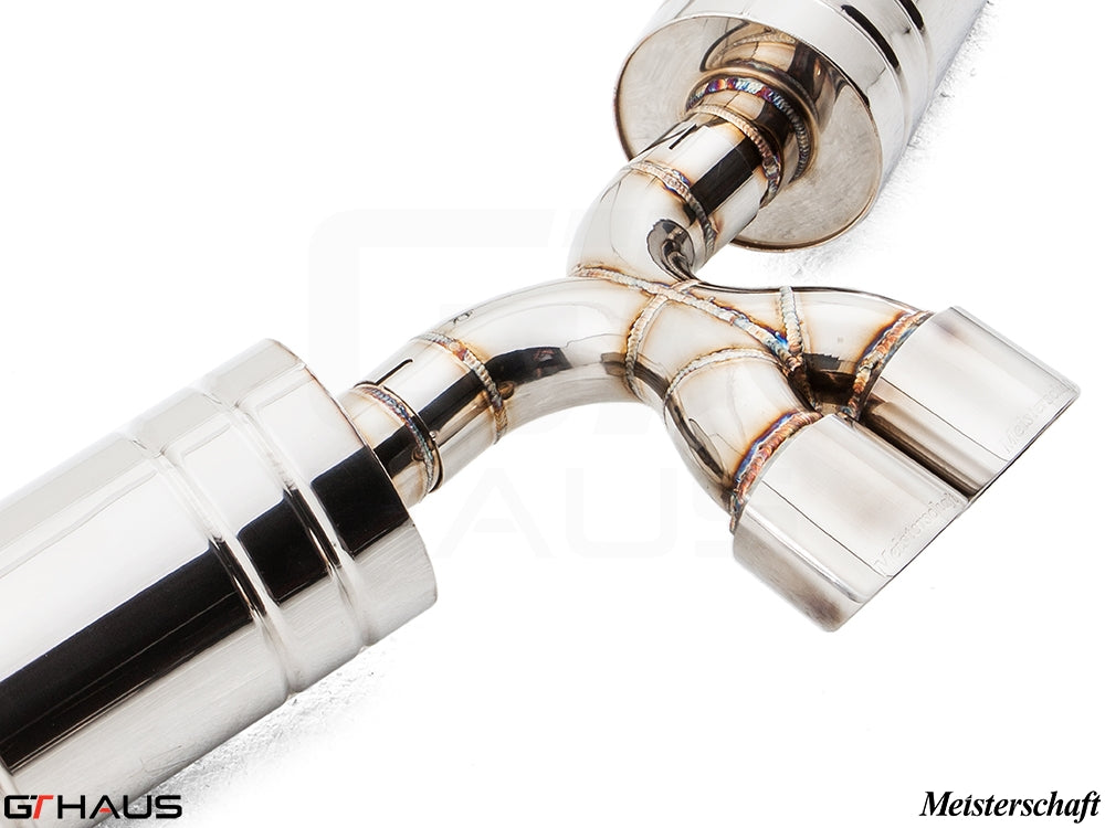 Premium exhaust system for Porsche 987 Boxster, featuring polished stainless steel and precision welds for enhanced performance.