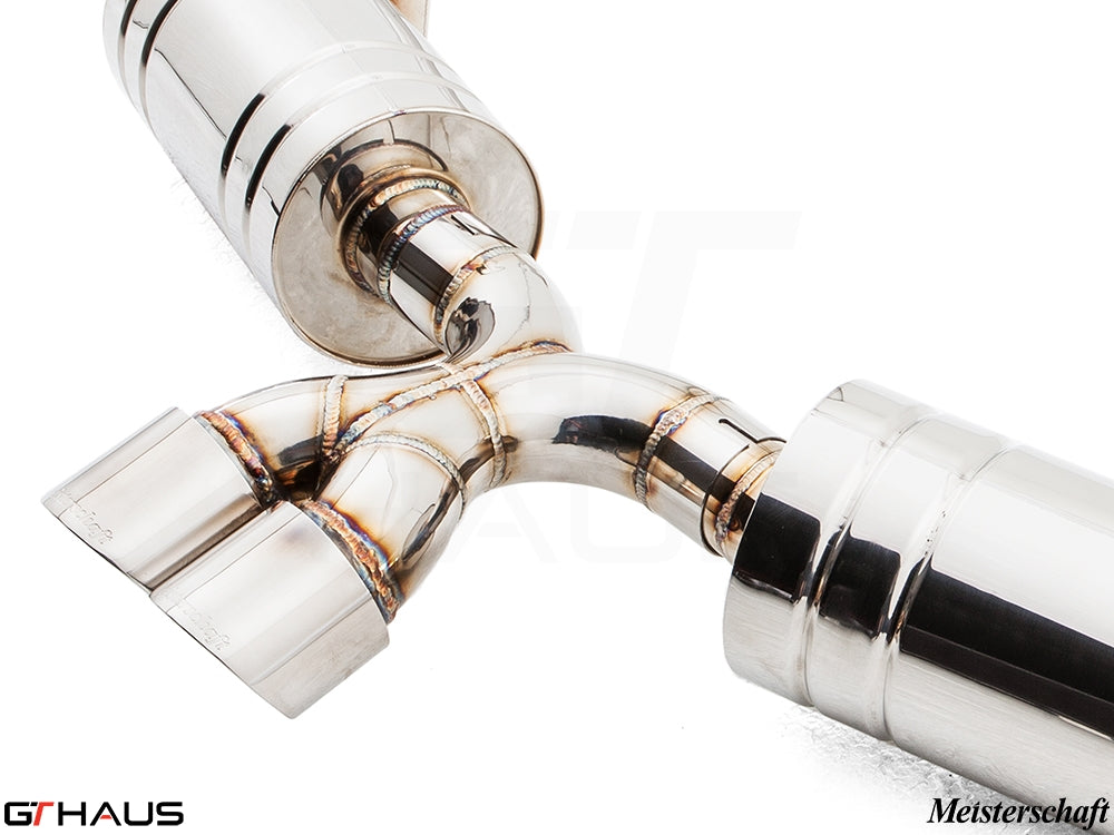 Premium exhaust system for Porsche 987 Boxster, featuring polished stainless steel construction and dual tips.