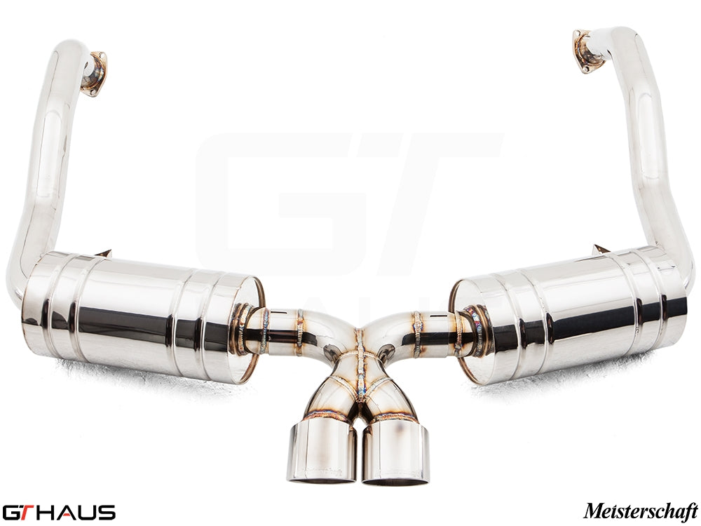 Premium Meisterschaft exhaust system for Porsche 987 Cayman/S (2006-2008), featuring polished stainless steel construction.