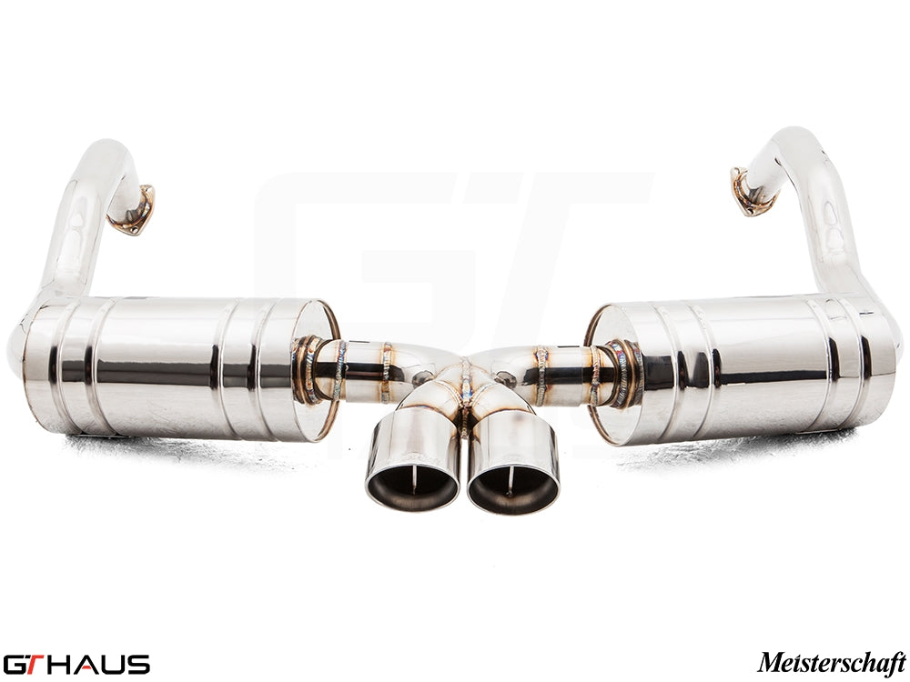 Premium exhaust system for Porsche 987 Cayman/S (2006-2008), featuring polished stainless steel finish and dual tips.