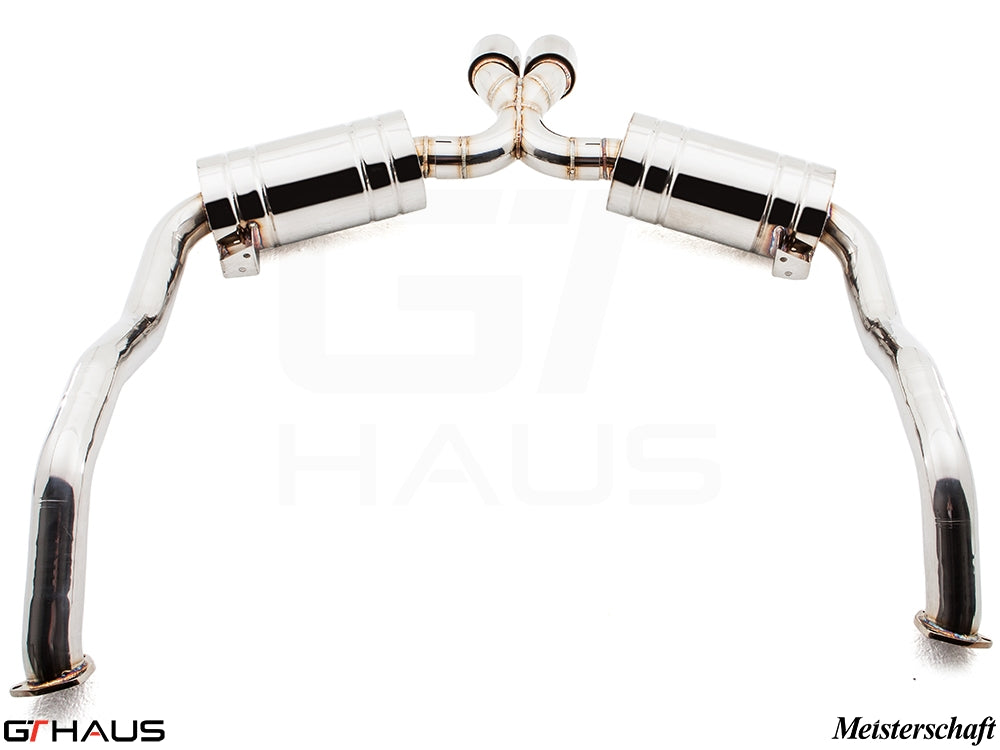 Premium performance exhaust system for Porsche 987 Cayman/Cayman S (2006-2008) with flat 6 engine, featuring dual tips.