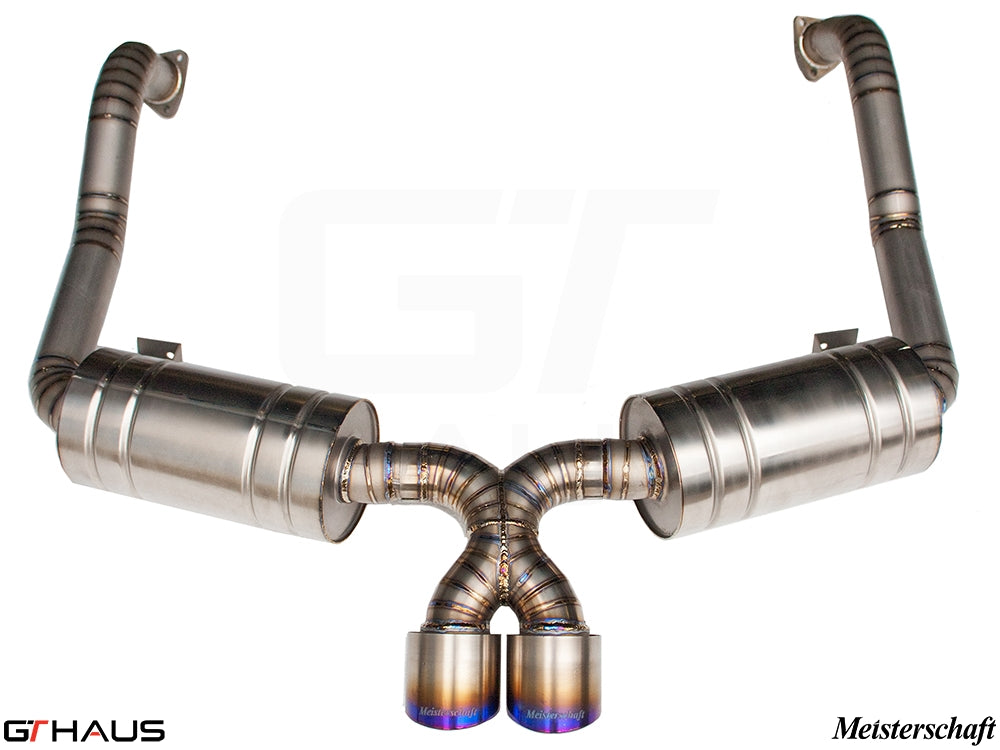 Premium Meisterschaft exhaust system for Porsche 987 Cayman/Cayman S (2006-2008) featuring dual tips and stainless steel construction.